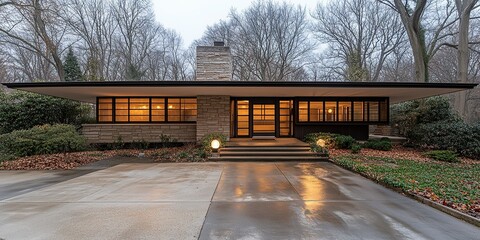 Fototapeta premium Modern, flat-roofed house featuring stone facade, large windows, and meticulous landscaping.