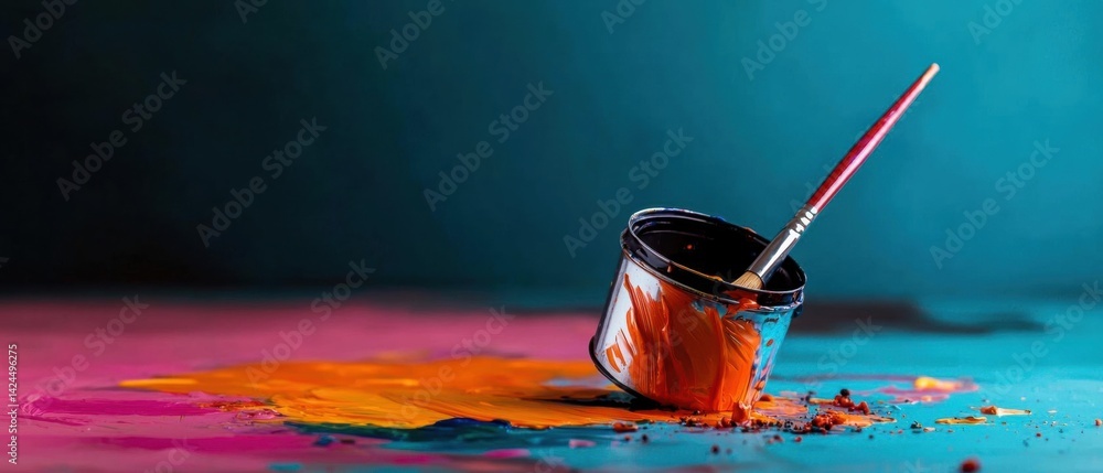 Poster small metal bucket with a red paintbrush inside. the bucket is placed on a colorful surface with spl