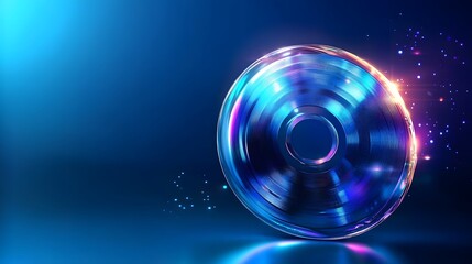 Glowing rotating metal disc with blue and pink reflections on dark background