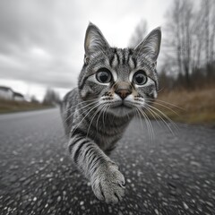 A striped cat walks along a deserted road, curious and adventurous under cloudy skies