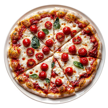 Bufalina pizza with cherry tomatoes and buffalo mozzarella on transparent background. Italian cuisine and dough dish concept. Top view for set, icon, menu, restaurant, design