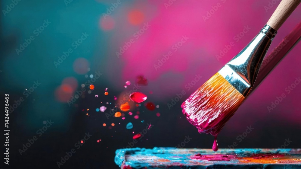 Poster close-up of a paintbrush with a wooden handle and bristles. the brush is being used to paint a color