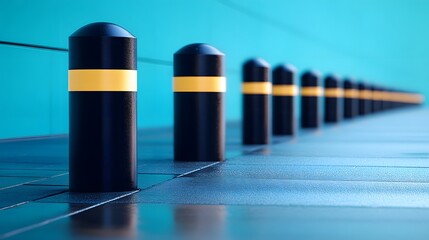 Fototapeta premium Black and yellow bollards protecting a turquoise wall in the city