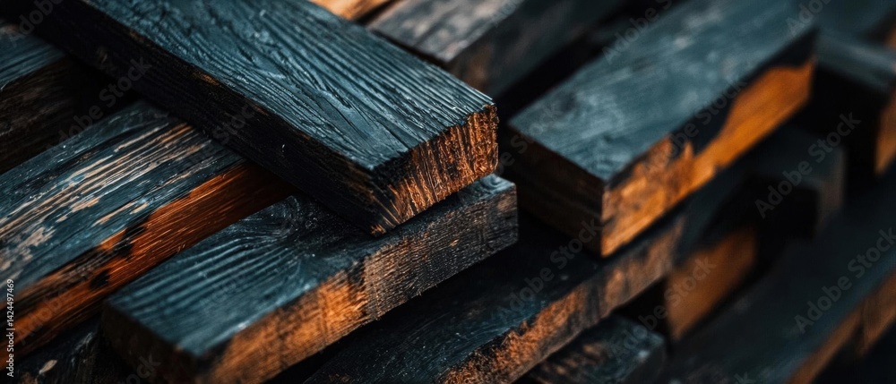 Poster close-up of a stack of wooden planks. the planks are arranged in a horizontal manner, with each plan