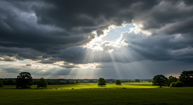 Sun Rays Breaking Through Storm Clouds Over Green Field Landscape