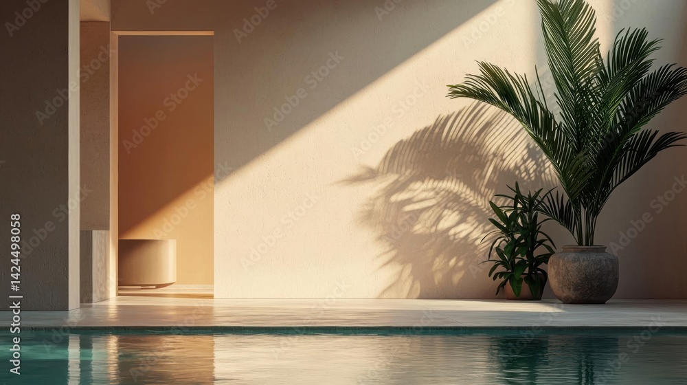 Poster modern and minimalist interior space with a swimming pool in the foreground. the pool is rectangular