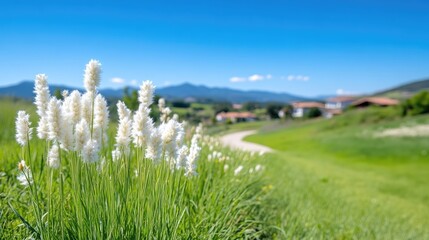 Fototapeta premium White wildflowers bloom in a green meadow next to a path leading to a rural village.