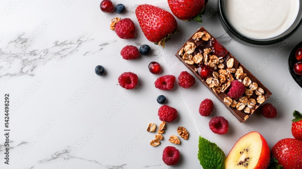 Poster flat lay of a chocolate bar with granola and fresh berries on a white marble background. the chocola