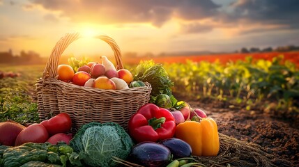 Freshly picked vegetables and fruits overflowing from a basket at sunset in cultivated field