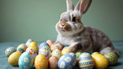 A cute gray rabbit sits contently among vibrant, decorated Easter eggs on a soft surface