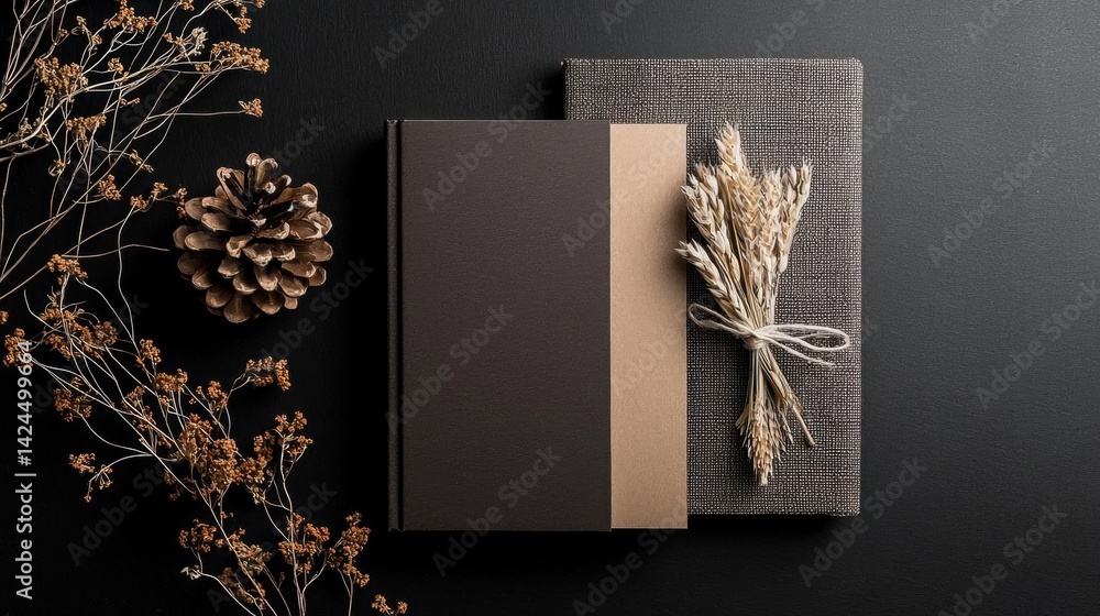 Poster flat lay of a black notebook with a brown cover. the notebook is placed on a black background. on th