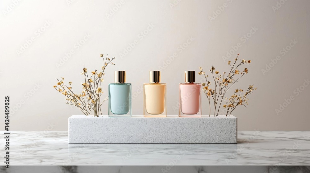 Poster three perfume bottles arranged in a row on a white marble countertop. the bottles are of different c