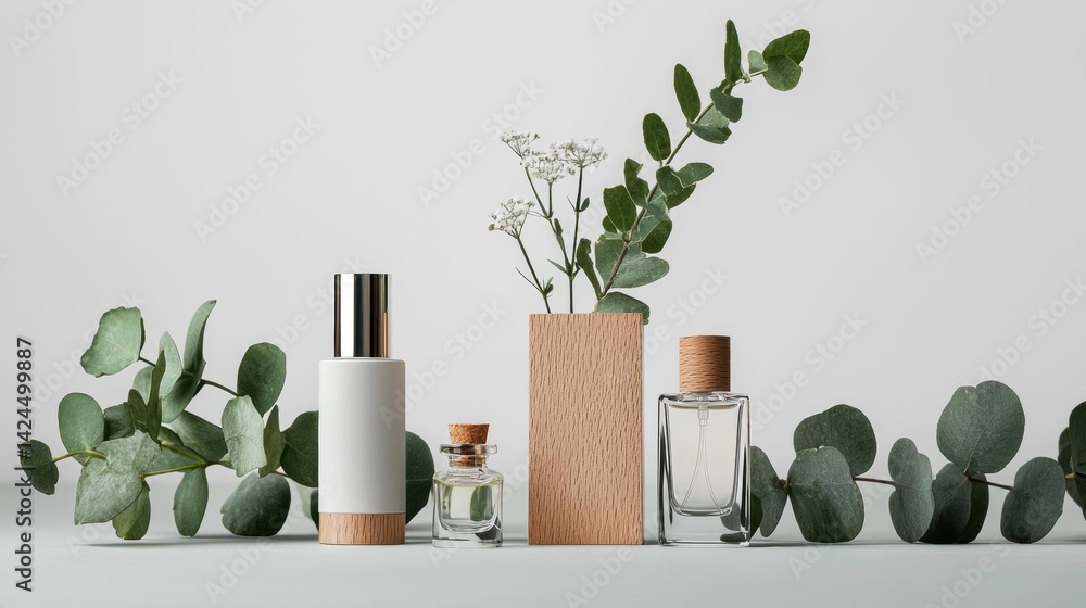 Poster collection of three perfume bottles and a vase with eucalyptus leaves. the bottles are of different 