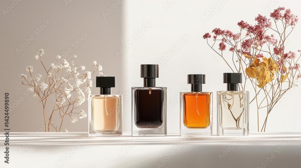 Fototapete four perfume bottles arranged in a row on a white surface. the bottles are of different sizes and sh