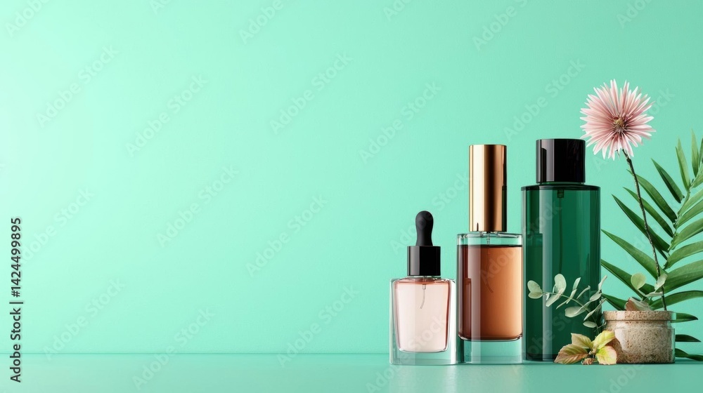 Poster three perfume bottles on a turquoise background. the bottles are of different sizes and shapes, with