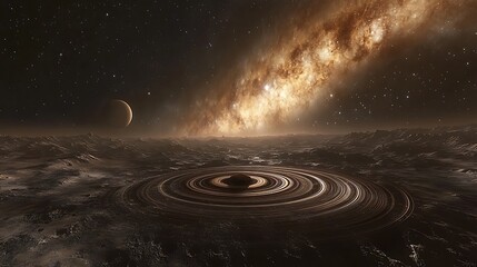 Obraz premium Glowing Planet with Rings in Space, A glowing planet surrounded by multiple rings and small celestial bodies in space