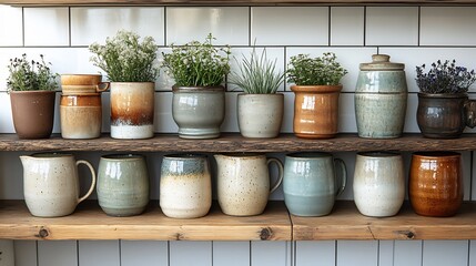 Fototapeta premium Collection of stoneware mugs displayed on a wooden shelf in a rustic farmhouse kitchen The natural light streaming through the window highlights the earthy textures and muted colors of the mugs
