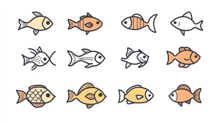 Colorful fish icons, aquatic life, illustration, white background, children's book