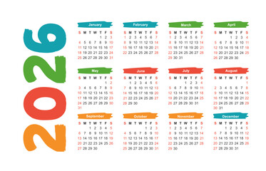 colorful bright calendar for 2026 year