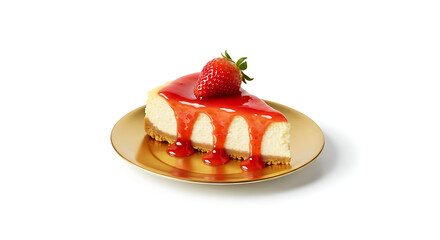 A delectable slice of creamy cheesecake adorned with a vibrant strawberry and a glistening strawberry topping on a gleaming gold plate.