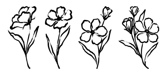 Flower abstract hand drawn brush ink or chalk stroke. Sketch hand drawn silhouette floral plant, leaf grunge abstract vector illustration. Simple flower, leaf charcoal, pencil, crayon style elements