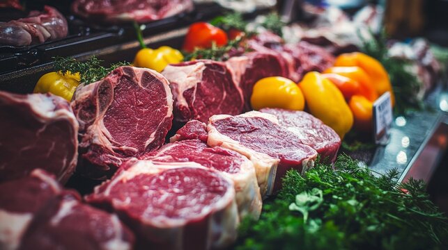 Raw meat and vegetables on market display