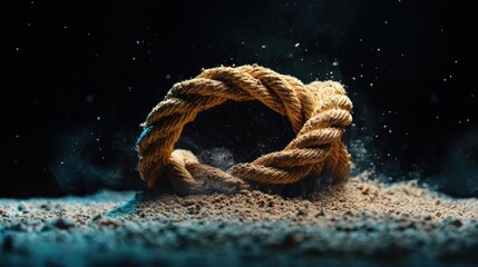 Close-up of a rope that is twisted and twisted in a knot. the rope appears to be made of a light-colored material, possibly cotton or a similar material, and is lying on a bed of sand.