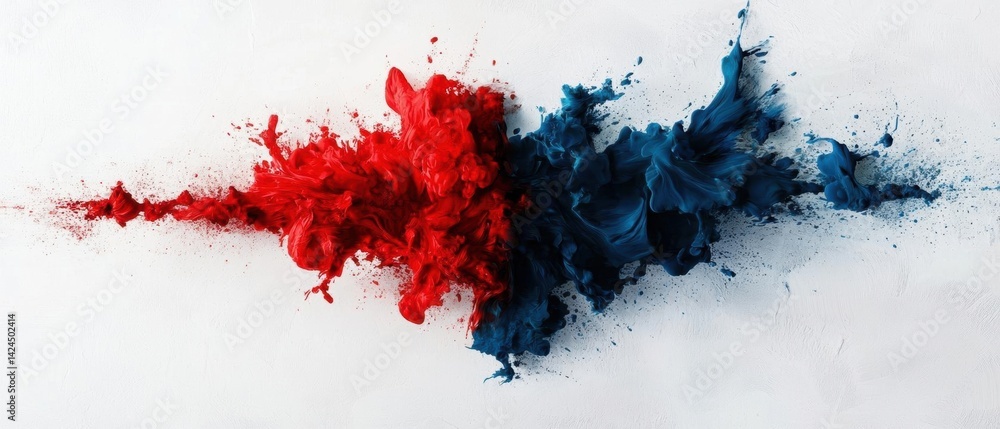 Poster abstract art piece that appears to be made up of two colors - red and blue. the red color is on the 