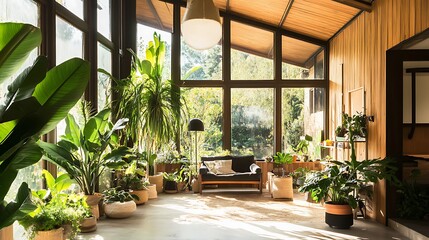 Indoor jungle style home with abundant green plants, large windows, and wooden