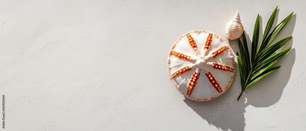 Poster flat lay of a seashell and a palm leaf on a white background. the seashell is in the center of the i