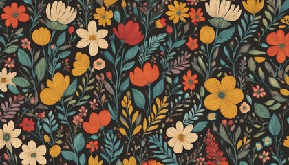 a pattern depicting blooming doodles various small flowers hand painted leaves grass floral background botanical print