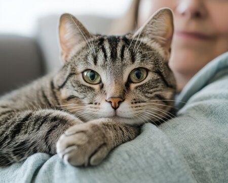 A close-up of a tabby cat resting comfortably in a person's arms, showcasing its striking green eyes and relaxed demeanor.