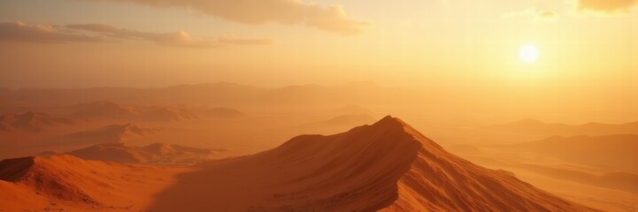 Naklejka premium Breathtaking desert landscape at sunset, featuring golden sand dunes and a dramatic sky, creating a serene and tranquil atmosphere.