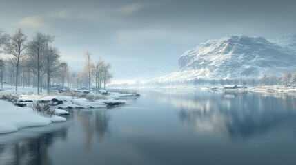Serene winter lake reflecting snowy mountain