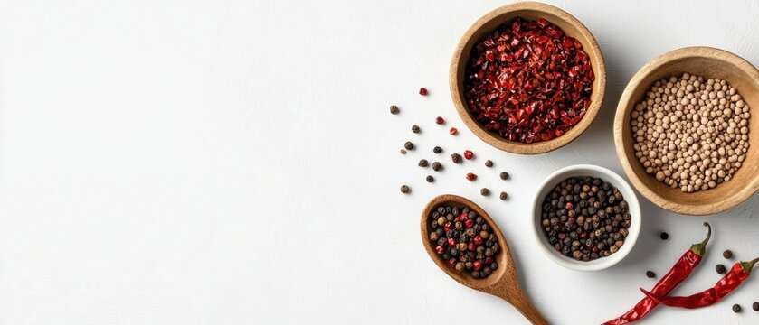 Three wooden bowls filled with different types of spices.