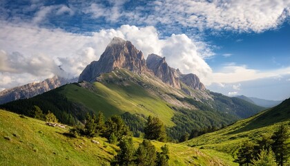 Naklejka premium a majestic mountain peak rises amidst lush green hills under a partly cloudy sky creating a serene and breathtaking landscape