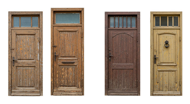set of old wooden doors isolated  on white background,old wooden grocery door isolated on white background 