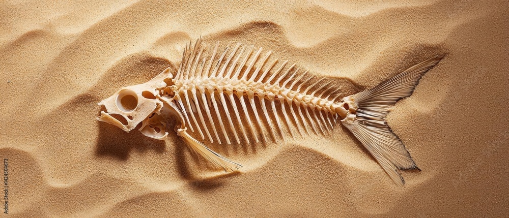 Poster close-up of a fish skeleton lying on a sandy surface. the skeleton is in the center of the image, wi