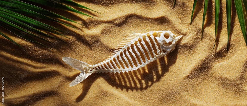 Poster skeleton of a fish lying on a sandy beach. the skeleton is white and appears to be made of plastic o