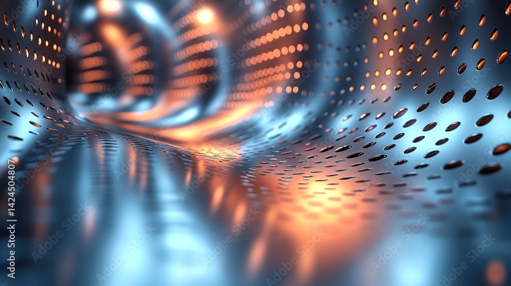 Poster abstract metallic tunnel with perforated surface. dynamic curves and vibrant colors create a futuris