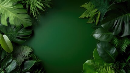 Lush green tropical leaves frame a dark background.  A vibrant arrangement of various tropical foliage, showcasing the richness of nature's green palette