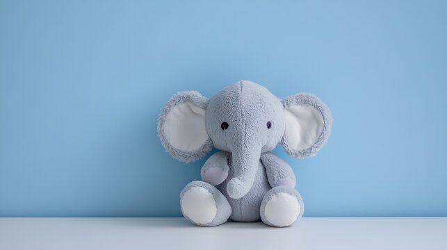Adorable grey plush elephant toy sitting on white surface with blue background