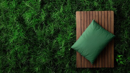 Wooden bench lying on a bed of green grass. the bench is made of light-colored wood and has a rectangular shape with horizontal slats.