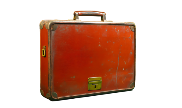 Worn red suitcase with metal accents & lock