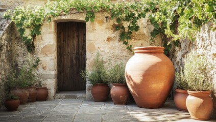 Mediterranean Courtyard: Terracotta Pots and Stone Walls