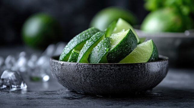 Fresh lime slices in a dark bowl