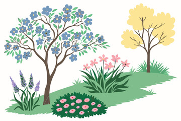 9 Colorful spring flowering bushes and trees, botanical illustration, vector graphics, pastel colors, blue flowers, pink blossoms, yellow blooms, purple lavender, green foliage, isolated plant specime