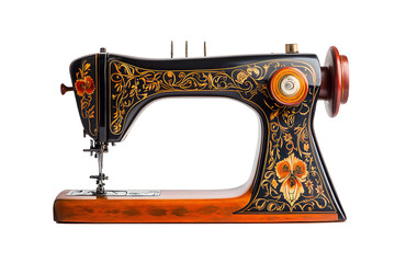 Antique Sewing Machine. Ornate and detailed, vintage sewing machine with intricate floral designs in gold and black on a dark background.  Wooden base