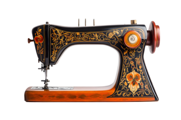Antique Sewing Machine. Ornate and detailed, vintage sewing machine with intricate floral designs in gold and black on a dark background.  Wooden base