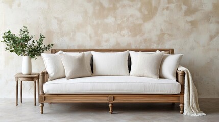 Obraz premium Modern living room with a wooden sofa against a beige wall. the sofa has a wooden frame with a white cushion and several white throw pillows on it.
